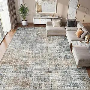 cotiled Washable 8x10 Area Rug for Living Room - Modern Abstract Carpet with Non-Slip Backing, Low Pile & Soft, Stain Resistant, Kid & Pet Friendly Decor for Bedroom & Dining Room - Blue Brown
