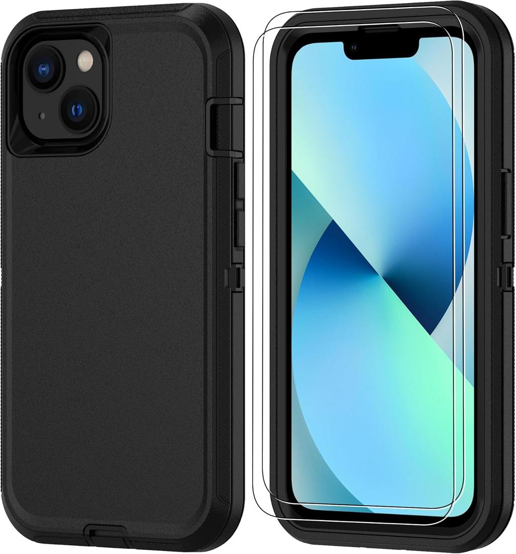 For iPhone 15 Case: for iPhone 14 Case & iPhone 13 Case 6.1-Inch with [2 Pack] HD Screen Protector, [Military-Grade] Shockproof Dust/Drop Proof 3-Layer Full Body Protection Heavy Duty Case, Black