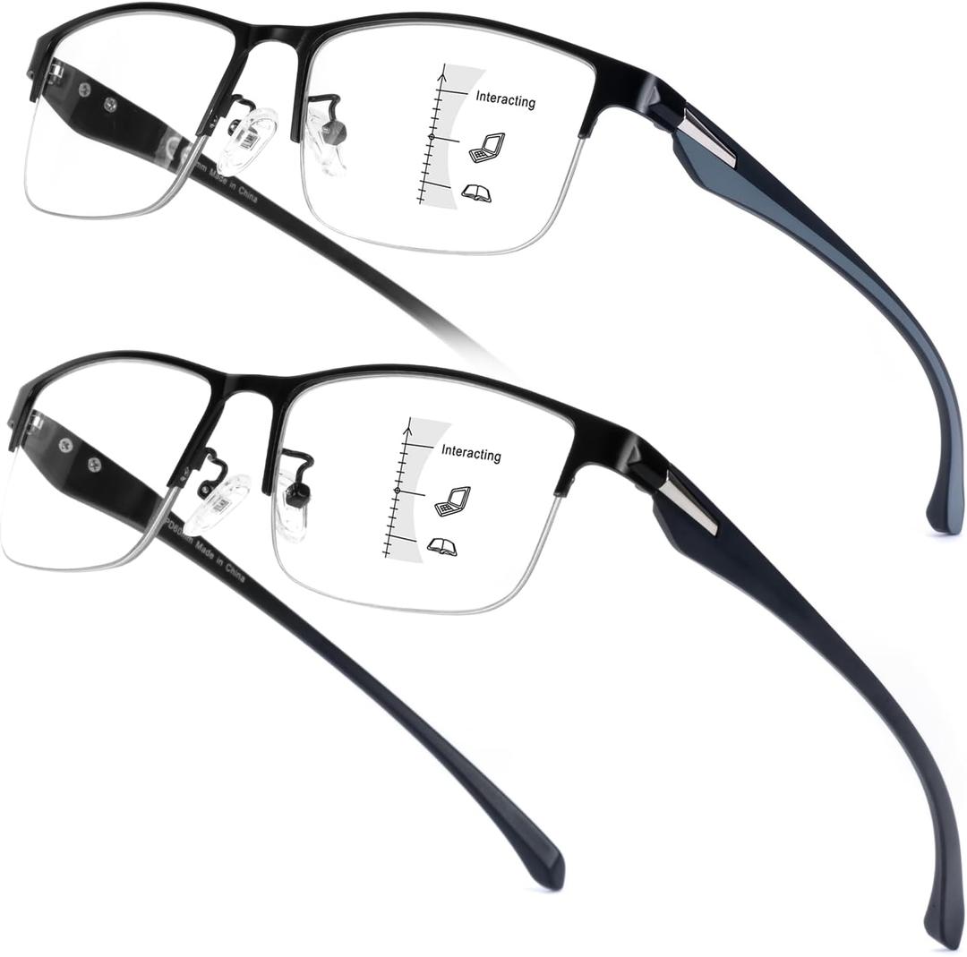 SKYOAK 2 Pack Premium Quality Progressive Multifocus Half Frame Reading Glasses for Men, No-Line Blue Light Blocking Computer Readers Multifocal Eyeglasses with TR90 Temples, Black and Gunmetal +1.75x