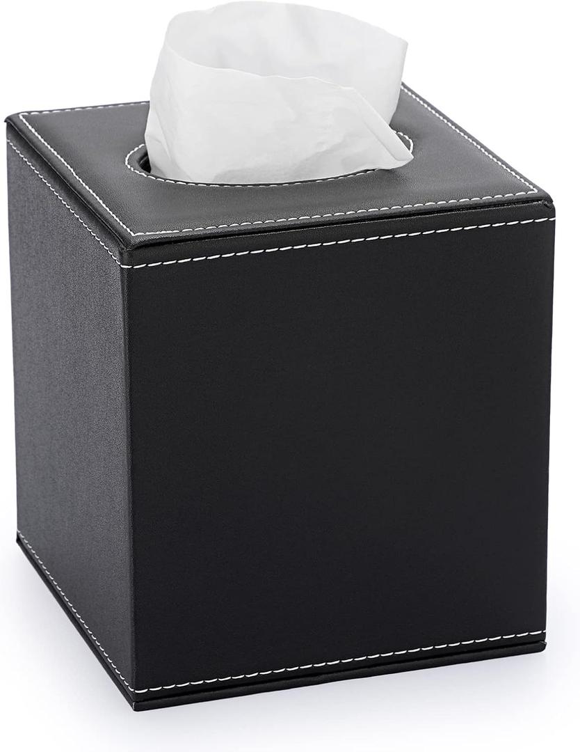 Sumnacon Square Leather Tissue Box Cover - Stylish Cube Tissue Box Holder with Magnetic Bottom, Decorative PU Tissue Box for Vanity Dresser Night Stand Table Countertop Home Office Car, Black