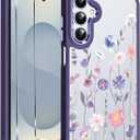 Cute Floral Clear Case for Samsung Galaxy S25 5G 6.8'' +2*Screen Protector, Flower Pattern Print Design Funda Aesthetic Soft TPU & Hard PC Shockproof Protective Cover for Women Girl - Purple01