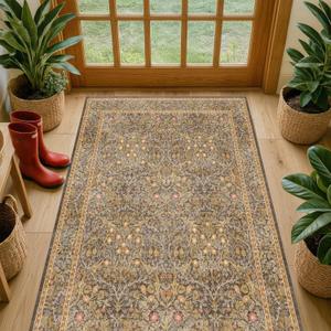 Vintage Floral Brown 3x5 Area Rugs for Entryway, Kitchen, Bathroom, Bedroom Beside Rug, Laundry Room, Non-Slip Low Pile Ultra Soft Stain Resistant Small Gold and Taupe Carpet