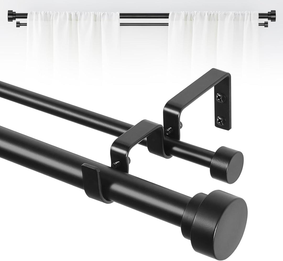 TANGWIN Black Double Curtain Rods for windows 36 to 88:Adjustable Heavy Duty Double Curtain Rod for Bedroom Living Room,1Inch Matte Black Iron Moden Decorative Telescopic Dual Drapery Rod Easy Install