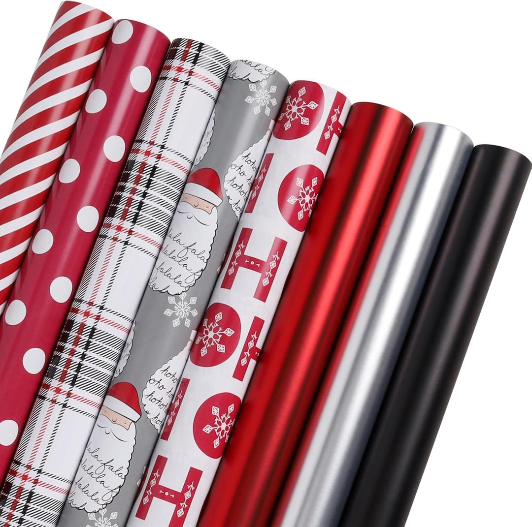 LaRibbons Christmas Wrapping Paper Rolls, 30Inch  10Feet, 8 Rolls: 200 sq.ft.ttl, Santa/Stripes/Plaid/Classic Matte Red Gift Wrapping Paper Bundle for Xmas, Holiday, Celebration, Season Party