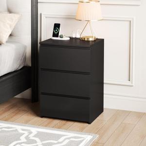 Black Nightstand, 26" H Black Night Stand with Charging Station, Black Nightstand with USB Ports & Power Outlets, Silent Slides, Wooden End Side Table Bedside Table with 3 Drawers for Bedroom