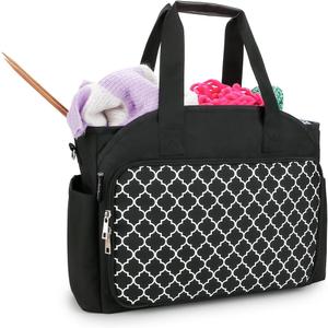 Knitting Bag - Yarn Storage Tote & Organizer, Crochet Organizer with Hooks, Needles & Accessories (Black)