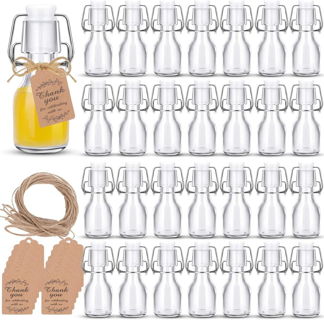 30Pcs Mini Swing Top Bottles with Stoppers 2 oz Mini Flip Top Glass Bottles with Kraft Paper Tags and Jute Twine for Crafts Decoration Valentine's Day Wedding Themed Party Favors