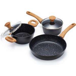 3-Piece Nonstick Cookware Set,10.25 Inch Frying Pan + 1.43QT & 2.2QT Saucepots with Lids, PFAS PFOA Free Non-Toxic Coating, Heavy Bottom Even Heat, Induction Compatible, Dishwasher Safe Black
