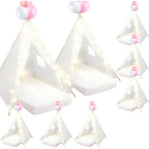 8 Pack Sleepover Tent for Girls Party, Teepee Tent for Kids Slumber Party Bulk with Light String, Air Mattress, Fitted Sheet, Washable Natural Cotton Toddler Teepee Indoor Outdoor (White)