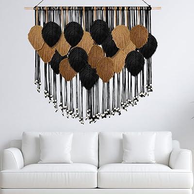 KaloKalo Large Macrame Wall Hanging Boho Tapestry Leaf Feather Wall Decor Art Chic Bohemian Handmade Woven Home Decor Wood Holder Bedroom Living Room Apartment Wedding Party  Black Gold, 43"W x 35"L