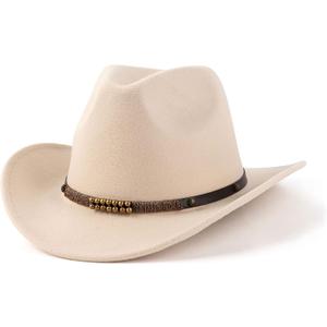 Western Cowboy Hats for Women Men Felt Wide Brim Panama Hat with Belt Buckle (Medium, Bead Band-cream)