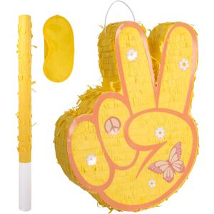 Two Groovy Pinata - Groovy Pinata with Blindfold and Bat for Kids Groovy Hippie Theme Birthday Party Game Decorations (Small Size 16x12x3)