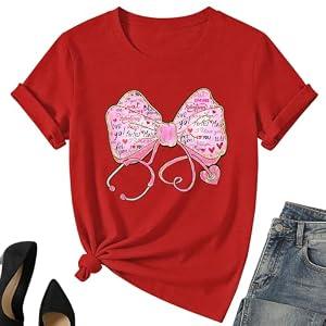 Valentines Nurse Shirt for Women-Valentines Day Bow Short Sleeves Funny Nursing School Tee Tops S