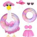 Porch Goose Summer Outfit for Cement or Plastic Goose 23'' Lawn Patio Statue, Bikini Goose Clothes, Hawaiian Goose Outfit with Hat Sunglasses & Swimming Ring for Outdoor Garden Yard Decor (Pink)