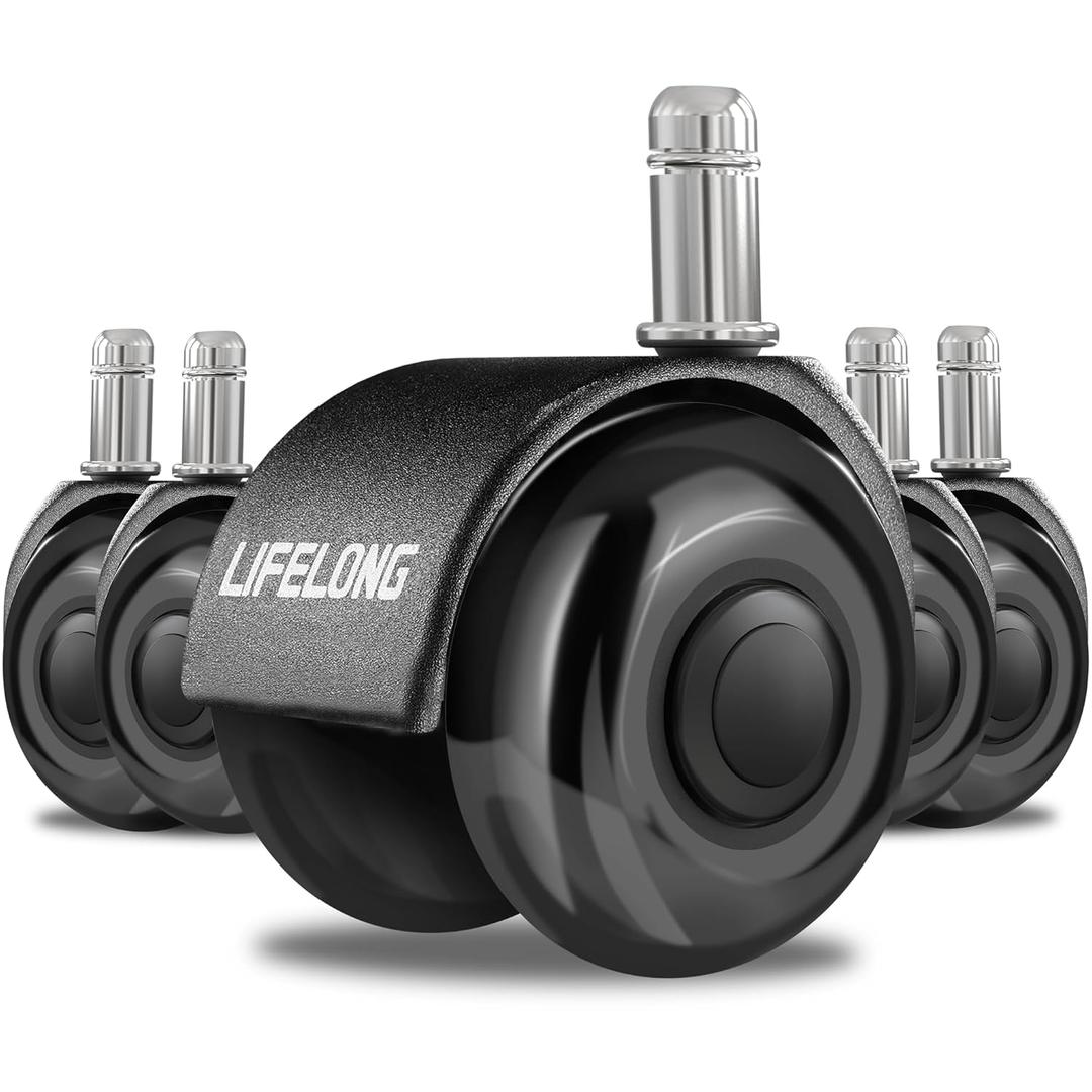 Lifelong Office Chair Dual Wheels Replacement Rubber 2 Inch Chair Casters for Hardwood Floors and Carpet, Set of 5, Heavy Duty Casters for Chairs to Replace Office Chair Mats - Fits 98% (Black)