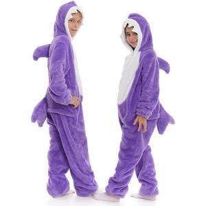 HSCTEK Child Luxury Double-sided Flannel Shark Onesies with Hoodie(One set for single one) (3-4T, Purple)