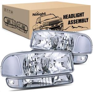 Nilight Headlight Assembly Compatible for 1999 2000 2001 2002 2003 2004 2005 2006 GMC Sierra Yukon, Chrome Housing Clear Corner Clear Lens, Headlights Assembly Replacement