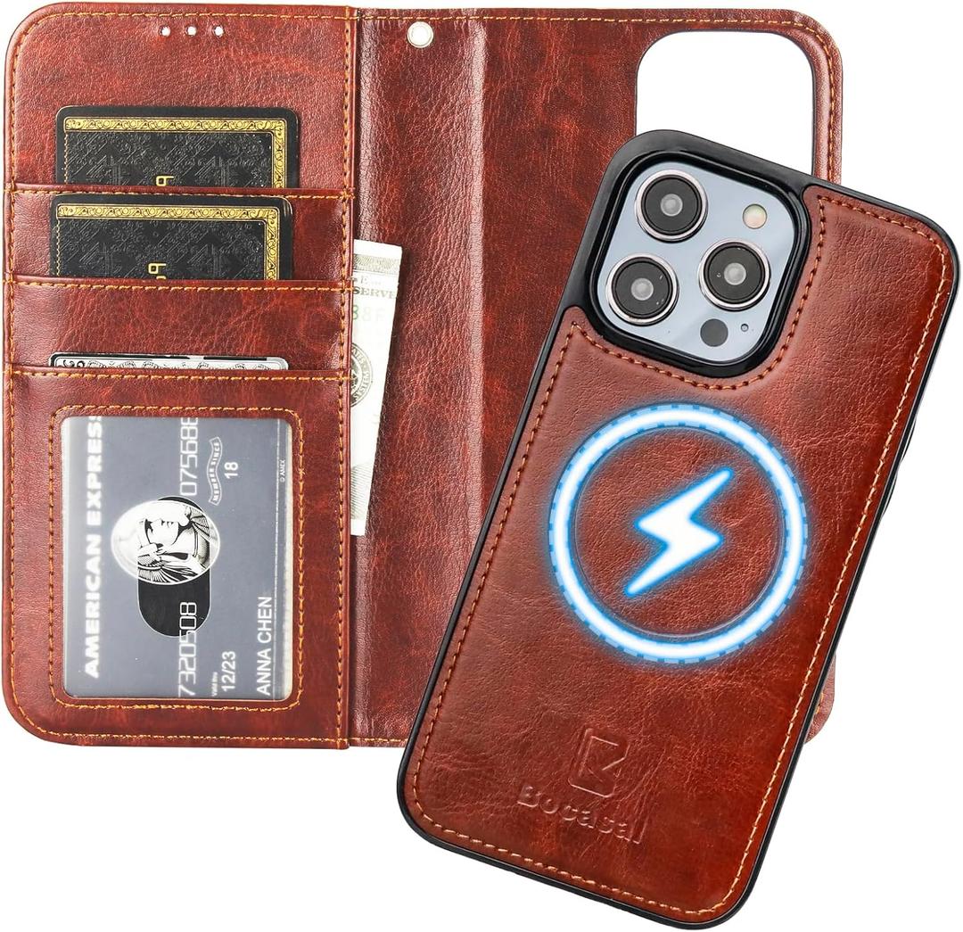 Bocasal for iPhone 14 Pro Max Wallet Case Compatible with MagSafe Wireless Charging, RFID Blocking Magnetic Leather Case with Card Slots Holder Kickstand Detachable Wrist Strap 6.7 Inch (Brown)