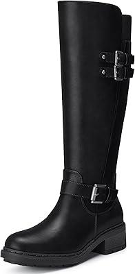 SHIBEVER Women's Knee High Boots: Round Toe Side Zipper Motorcycle Riding Boots - Low Block Heel Tall Fall Boots 2026 (11, 35-Black)
