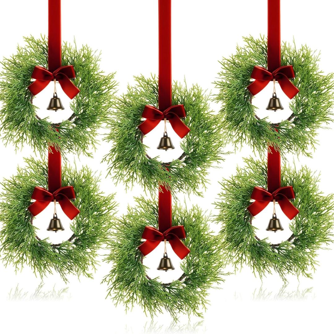 6 Christmas Kitchen Cabinet Wreaths with Velvet Ribbon Bell Mini Christmas Hanging Cabinet Doors Wreath Decorative for Farmhouse Kitchen Window Holiday (Red)