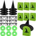 24 Pcs Halloween Pink and Green Party Favors Include 6 Black Wizard Hats 6 Green Goodie Bags 6 Black Round Frame Glasses 6 Scrunchies for Halloween Witch Birthday Party Supplies
