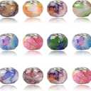 AIPRIDY 100Pcs 15x11mm Painting Murano Large Hole Glass Beads Mix Color with Silver Brass Cores European Charm fit Bracelet Necklace (Watercolor Effect OPEC White Glass)
