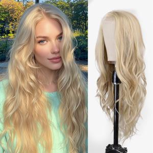 Long Blonde Wavy Wig for White Women Middle Part Curly Wavy Wig 26 Inch Natural Look Heat Resistant Synthetic Wig for Cosplay, Daily, Party