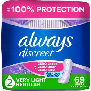 Always Discreet Incontinence Panty Liners for Women with Bladder Leaks, Size 2, Very Light Absorbency, Up to 100% Bladder Leak Protection 69 CT