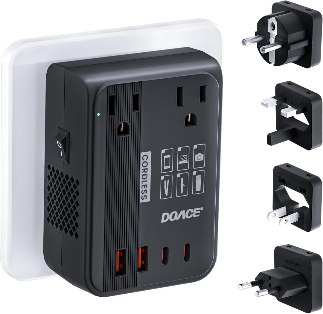 DOACE 220V to 110V Converter 350W Voltage Converter US to Europe for Hair Straightener/Curling Iron Converter for European Travel with 4-Port USB Charging and UK/AU/US/EU Worldwide Plug Adapter