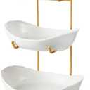 Fruit Bowl for Kitchen Counter - 3 Tier Ceramic Serving Bowls with Metal Stand, Tiered Fruit Basket for Fruit Vegetable Storage, Snack, Nuts, Cake, Dessert, Small & Cute (Gold)