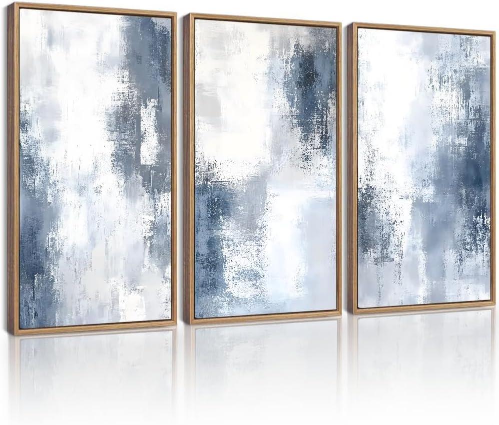 KUVIOKE Navy Blue and Gray Abstract Framed Canvas Wall Art Brush Strokes Block Shape Pastel Wall Decor Modern Minimalist Art Painting Home Decor 16x24in (Natural Framed)