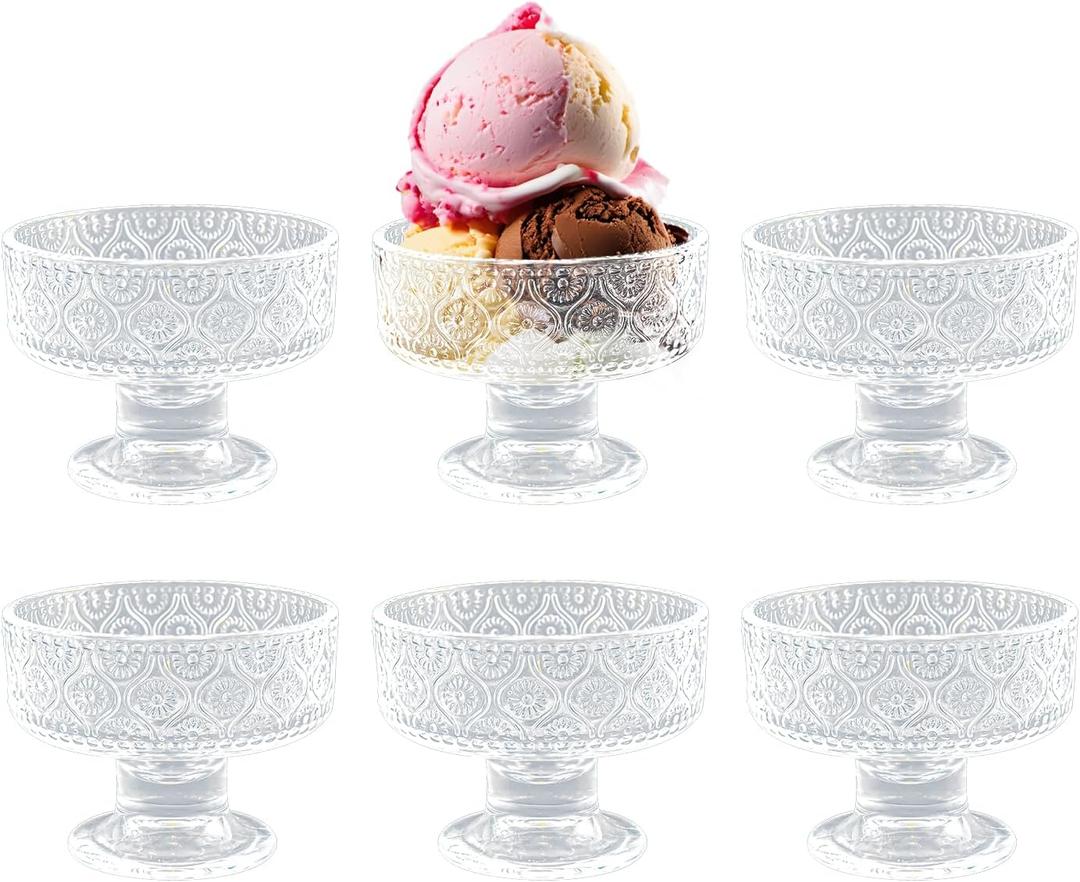 7.5OZ Glass Dessert Bowls/Cups, Set of 6 - Elegant Clear Glass Bowls for Ice Cream, Sundae, Fruit, Salad, Snack & Cocktail - Perfect for Home Use, Weddings, Parties & Special Occasions