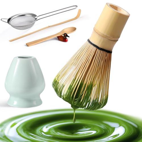 Matcha Whisk Set: Matcha Set with Bamboo Matcha Whisk and Ceramic Holder,Bamboo Scoop+Wooden Spoon,Scoop Holder,Sifter - Cute Matcha Tea Set - 6 Pcs Matcha Kit - Tools for Matchas Ceremonial Grade Kit