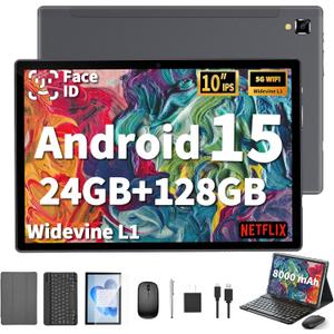 2026 Android Tablet with Keyboard, 24GB+128GB+2TB Expand, 10 inch Android 15 Tablet with Gemini AI, 8000mAh, BT 5.0, GMS Certified, 5G/2.4G WiFi, Tablets Pc with Mouse, Case, Stylus-Silver Case