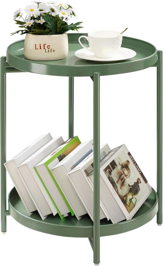 TeoKJ 2 Tier Green Side Table, Folding Round Metal End Table Small Nightstand with Two Removable Tray for Bedroom Living Room Bedside Small Spaces Dark Green, 17.1D x 17.1W x 21.2H in