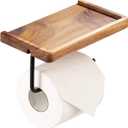 Yangbaga Toilet Paper Holder with Shelf: Wall Mount Bathroom Tissue Roll Storage with Adhesive& Screw, Matte Black Aluminum Alloy Bathroom Accessories Wood Shelf for Phone Wipes (7.5in*4.3in*3.46in)