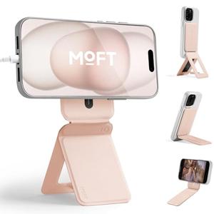 MOFT Phone Tripod Stand Selfie Stick for iPhone, Multi-Angles iPhone Stand, Lightweight & Portable Phone Holder, Strong Magnets, MOVAS Vegan Leather, Travel Essentials, Peach Pink (Without Card Slot)