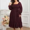 SCOMCHIC Women's Plus Size Dress Long Sleeve Square Neck Swiss Dot Chiffon Smocked A Line Ruffle Cocktail Maxi Dresses (XXXL)