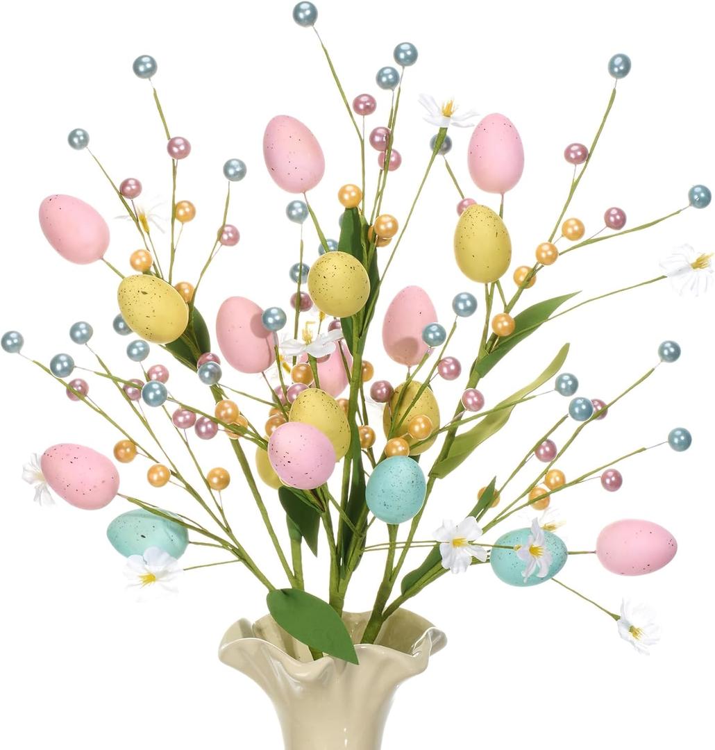 Chiisong 3 Pcs Artificial Easter Egg Flower Picks, Easter Table Centerpieces Decoration Floral Spray with Egg Colorful Berries Stems for Spring Vase Party Office Home Flower Arrangement