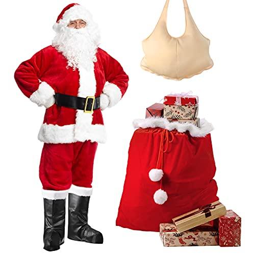 Santa Claus Costume for Men Women Costume Suit Adult 10pc. Deluxe Christmas Santa Cosplay Outfits Holiday Party (L)