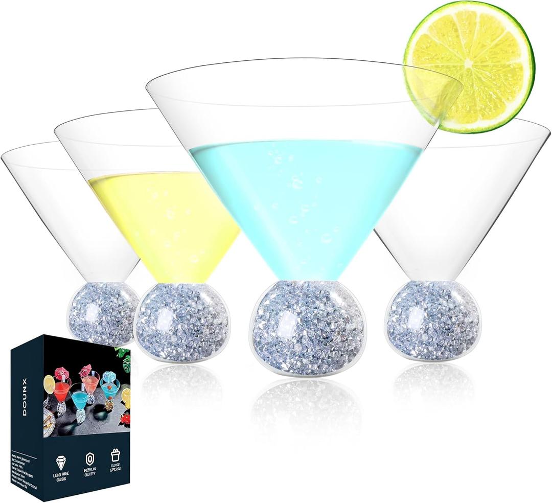 10oz Stemless Martini Glasses Set of 4, Cocktail Glasses with Sparkle Base, Fancy Ultra-thin Margarita Glassware, Hand Blown Crystal Cup for Parties, Birthdays, Gift, Bar, Dessert (Silver)