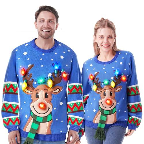 JOYIN Ugly Christmas Sweater Women Men Couples, LED Light Up Ugly Christmas Sweater Kids 2025 Reindeer(Blue, XL)