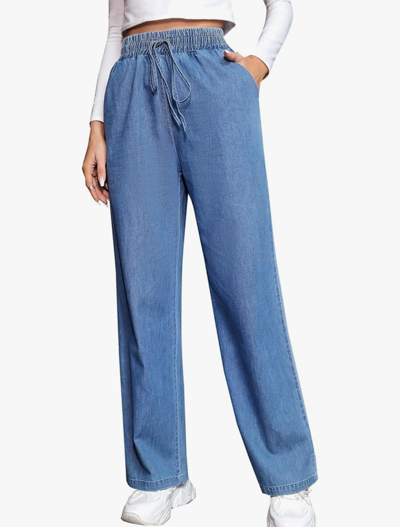 Love Welove Fashion Wide Leg Jeans for Women Elastic High Waisted Pull On Drawstring Baggy Denim Pants Plus Size M