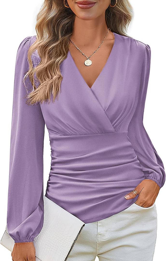 GRACE KARIN Long Sleeve Blouses for Women Dressy Casual, Elegant Wrap Tops V Neck Work Shirts, 2025 Fall Business Outfits (Medium, Pink Purple)