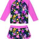 Vogseek Girls Rash Guard Two Pieces Swimsuit Long Sleeve Bathing Suit (5-6 Years, Q-pink 4)