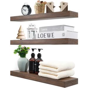 Zuiguoshan Wood Floating Shelves for Wall Set of 3, 22 Inch Rustic Floating Shelf Wall Mount, Solid Wooden Bathroom Floating Shelves for Kitchen, Bedroom, Living Room - Dark Walnut