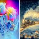 12''x16'' Large 2-in-1 Diamond Art Kit for Adults: Elegant Rose & Classic Train Round Drill Paintings - 5D Full Drill Diamond Art Beginner DIY Craft with Extra 30% Diamonds (Rose and Train Scenes)