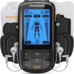AVCOO 3-in-1 TENS Unit Muscle Stimulator with 30 Modes, 40 Intensities TENS Machine for Gradual Back Pain Relief Therapy, Rechargeable EMS Unit Massager with 12 TENS Electrode Pads, a Storage Bag