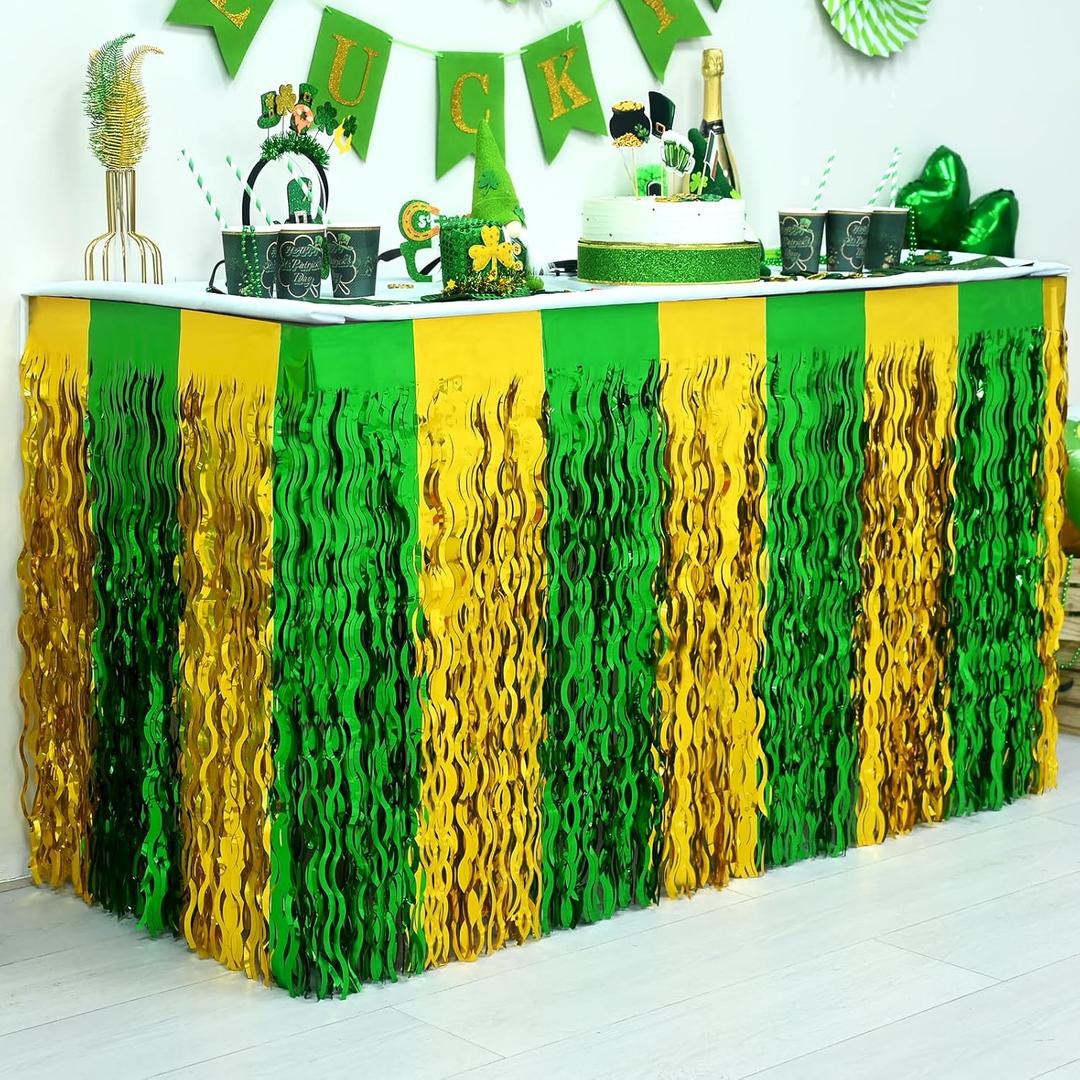 Mega-L St. Patrick's Day Party Decorations, 4 Pack Green Gold Wavy Metallic Tinsel Foil Fringe Table Skirts for Rectangle and Round Table, Table Decorations for Irish-Themed Party Supplies (4 pack ( 212 x 59 inches))