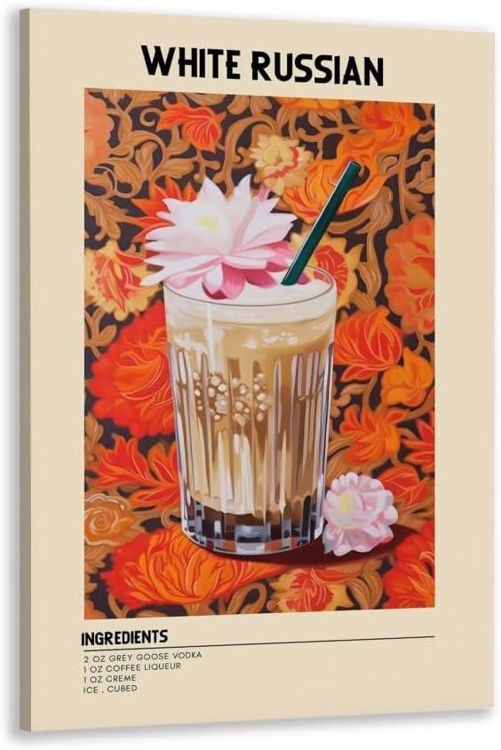 GyXzodonti White Russian Cocktail posters retro cocktail wall art Cocktail Drink Wall Decor Vintage bar cart decor Kitchen Home Bar Cart Club Decor Canvas Print 16x24inch Framed (16L" x 24W")